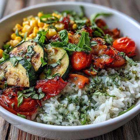 A close-up of a vibrant Summer Vegetable Bowl with sautéed zucchini, tomatoes, and bell peppers over fluffy rice, garnished with fresh basil.