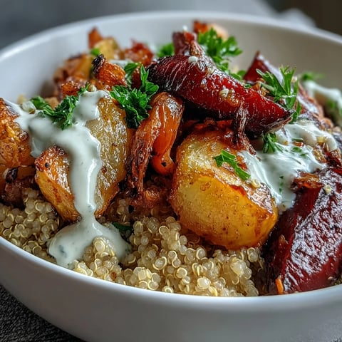 Golden caramelized carrots, beets, turnips, and parsnips top fluffy quinoa in this nourishing Roasted Root Vegetable Bowl.