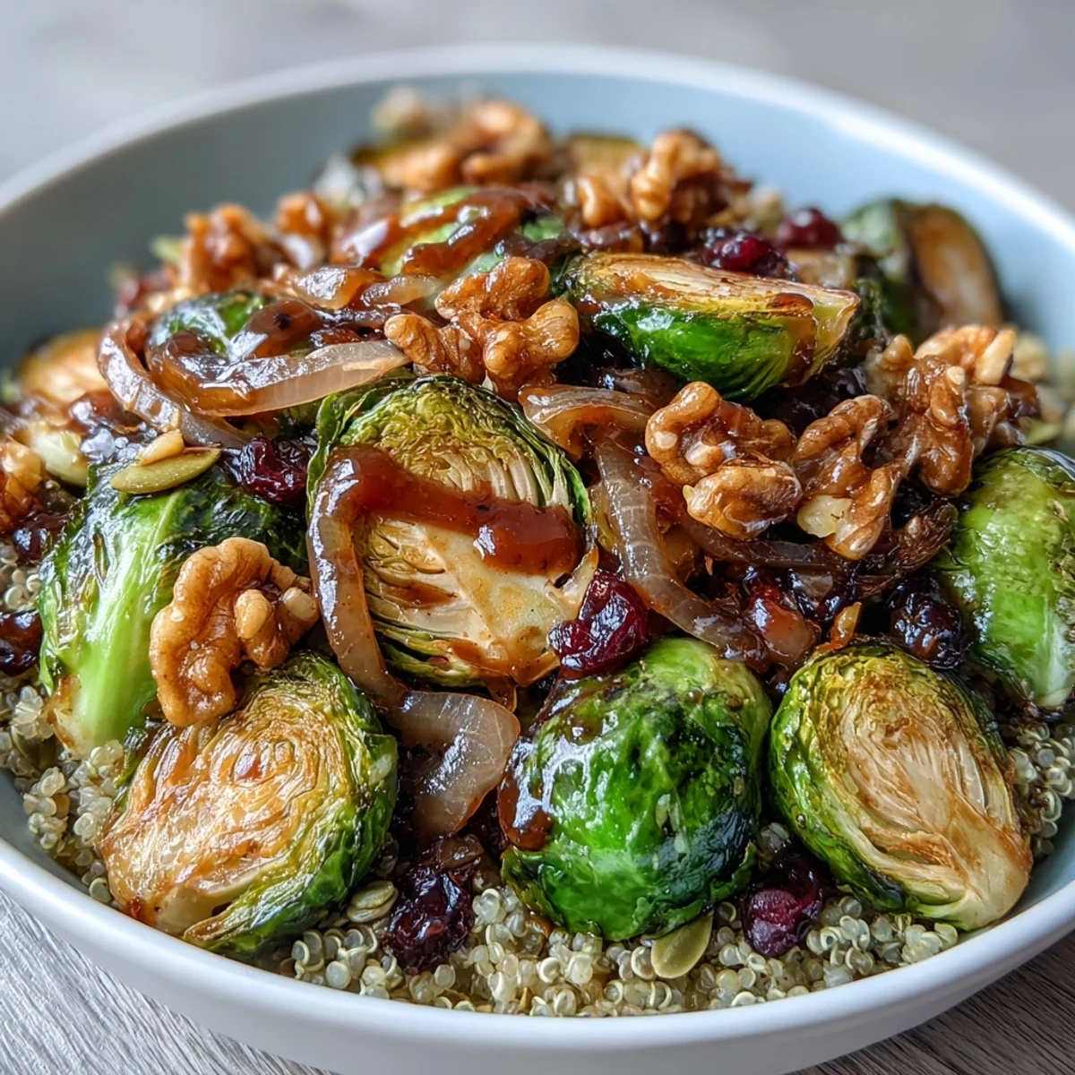 Golden roasted Brussels sprouts with caramelized red onions in a nourishing grain bowl, topped with toasted walnuts and dried cranberries.
