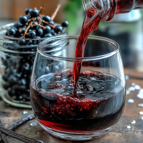 Deep ruby Black Currant Rum Liqueur glistens in a glass bottle, showcasing fresh berries and a dark rum base.
