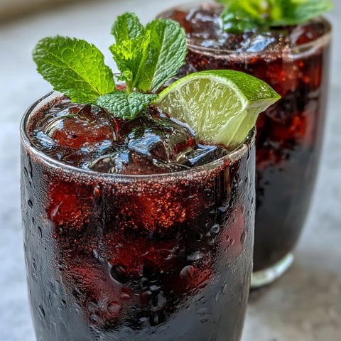 Homemade Tangy Blackcurrant Mojito garnished with fresh mint and lime slices.