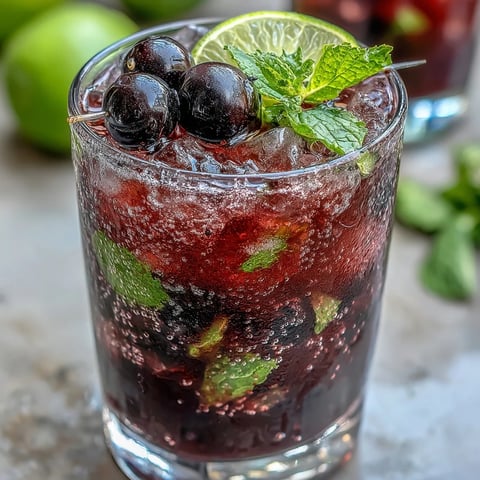A close-up of a refreshing Black Currant Mojito cocktail garnished with fresh mint and lime wedges, served over crushed ice in a tall glass. A vibrant purple drink with soda bubbles. Perfect for cooling down on a warm summer day. 
