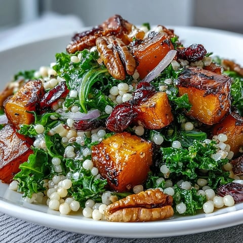Honey Autumn Pearl Couscous Salad features golden roasted butternut squash, massaged kale, and toasted pecans in a citrusy dressing.
