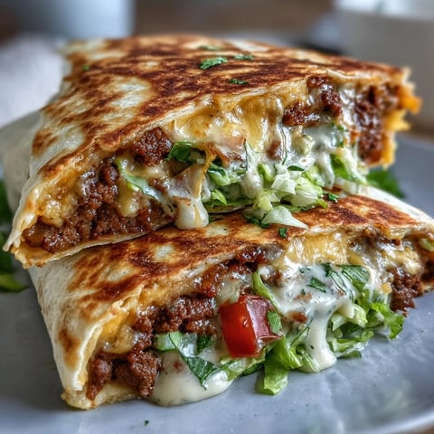 Golden-brown Keto Crunchwraps sit stacked on a rustic wooden board, oozing creamy cheddar sauce and loaded with seasoned beef, lettuce, and diced tomatoes. 