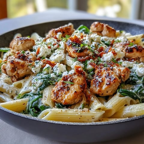 Freshly cooked Greek Chicken Feta Pasta Skillet in a hot pan, showing creamy sauce, wilted spinach, and lemon wedges for a bright Mediterranean dinner.