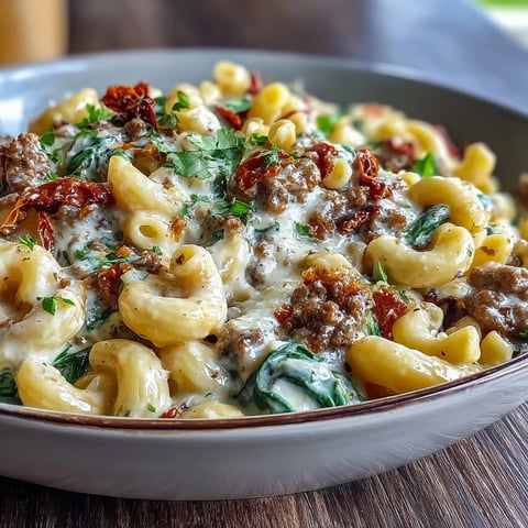Creamy Tuscan Chili Mac in a rustic bowl, topped with melted mozzarella, fresh basil, and grated Parmesan. Hearty Italian-American comfort food ready to serve.