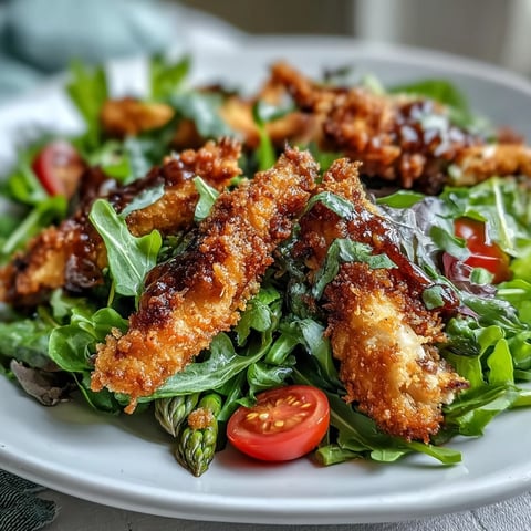 Crispy Parmesan Asparagus Chicken Salad plated with bright tomatoes, shaved Parmesan, and warm golden asparagus spears.