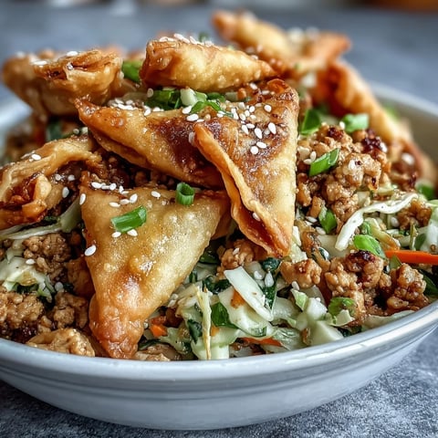 Crispy Baked Egg Roll Chicken Bowls are plated over warm rice, topped with crunchy baked wonton strips, green onions, and sesame seeds.