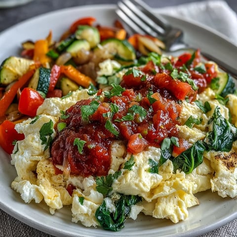 Fluffy egg white veggie scramble with salsa in a white bowl, garnished with fresh cilantro.