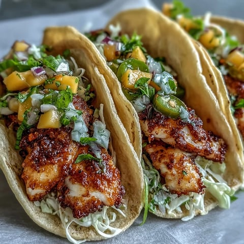 Light Mango Salsa Tilapia Tacos in Corn Tortillas feature flaky, pan-seared fish topped with a bright fruit salsa and crunchy red cabbage.
