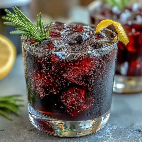 A chilled rocks glass of the Black Currant Rosemary Cocktail, featuring a dark purple hue and a fresh rosemary garnish, sits on a rustic wooden surface.