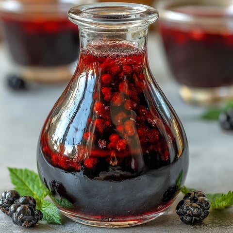 A vibrant glass of homemade blackcurrant vodka liqueur, showcasing deep purple hues and fresh blackcurrants on the side.