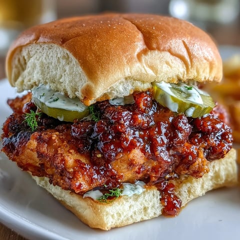 Crispy Nashville hot chicken thighs piled high on slider buns, slathered with tangy dill pickle aioli and crunchy pickle slices.
