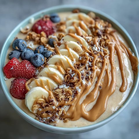 Creamy vegan smoothie bowl with peanut butter, banana, and protein, topped with fresh berries and crunchy granola for a healthy breakfast.