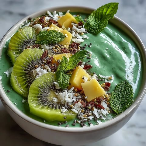 Vibrant vegan tropical green smoothie bowl topped with fresh mango chia seed mixture and kiwi slices for a nourishing breakfast.