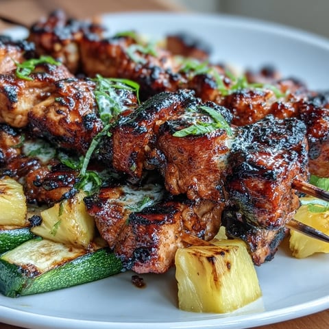 Honey-lime grilled chicken skewers with zucchini and pineapple, featuring tender chicken marinated in a zesty honey-lime sauce, grilled to juicy perfection with fresh summer vegetables and sweet fruit.