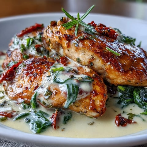 Keto Creamy Tuscan Chicken with Spinach and Sun-Dried Tomatoes served in a skillet with golden chicken breasts in a rich, garlicky cream sauce.