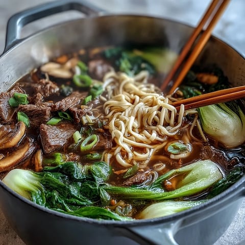 Vibrant Asian hot pot with fresh vegetables, proteins, and noodles simmering in aromatic broth at the table.  