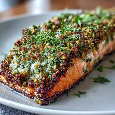 Succulent salmon filets encrusted with crunchy pistachios and fresh herbs, pan-seared to a golden, crispy finish.