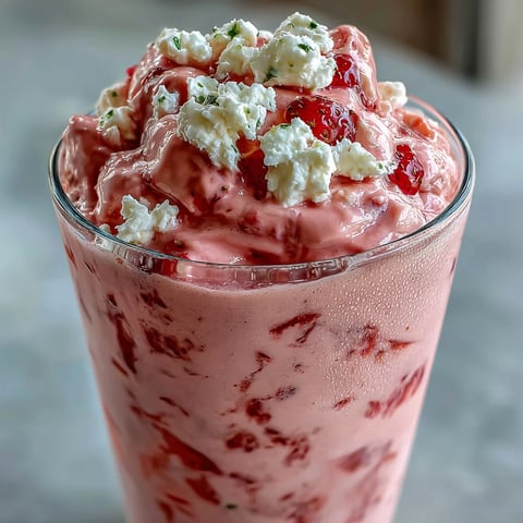 A creamy, protein-rich cottage cheese strawberry smoothie topped with fresh strawberry slices and a drizzle of honey.  