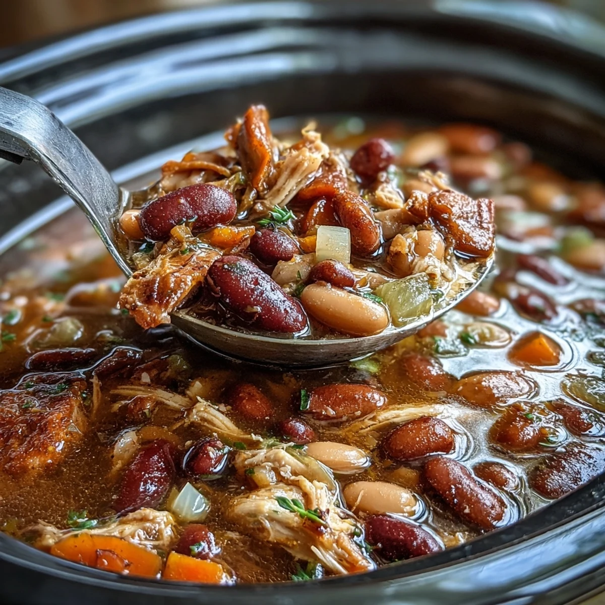 A steaming bowl of 15-bean crockpot soup with tender smoked turkey, rich broth, and vibrant vegetables.