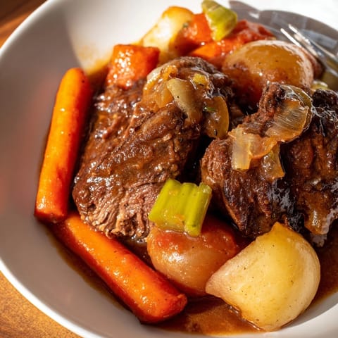 Fork-tender Braised Beef with Root Vegetables gleaming, ready to serve in a rustic Dutch oven.