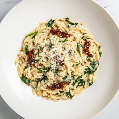 A steaming bowl of Creamy Tuscan Orzo, showing tender pasta in rich, garlic-Parmesan sauce.