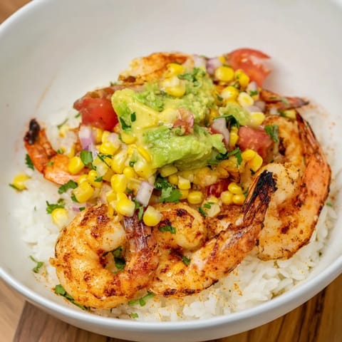 Bright, fresh Easy Grilled Shrimp Bowl with Avocado Corn Salsa, a light and healthy dinner perfect for warm evenings.