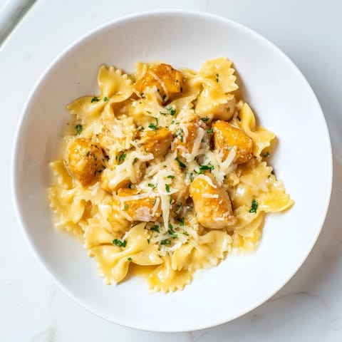 A close-up view of creamy Mozzarella Garlic Butter Chicken Bowties, savory and comforting on a plate.