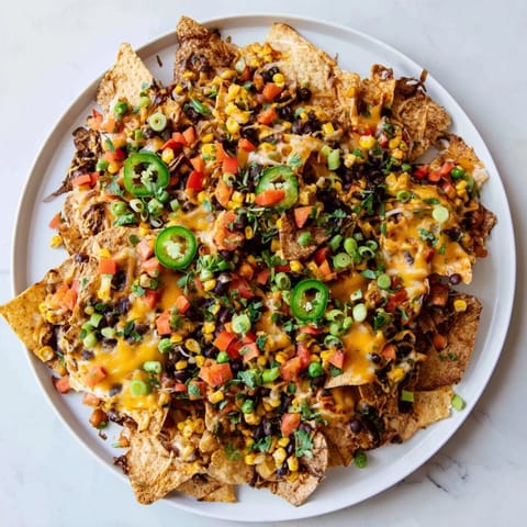 A close-up of cheesy Sheet-Pan Nachos loaded with fresh toppings, perfect for sharing and easy.