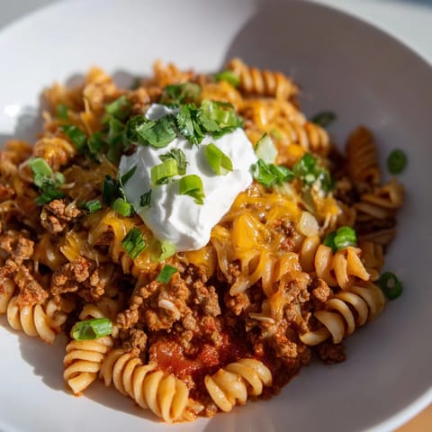 This Easy Beef Enchilada Pasta, brimming with savory beef and enchilada sauce, is ready to eat.