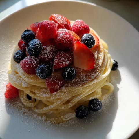 Stack of golden Quick Festive Pancake Spaghetti, topped with fresh berries and powdered sugar, ready to eat.