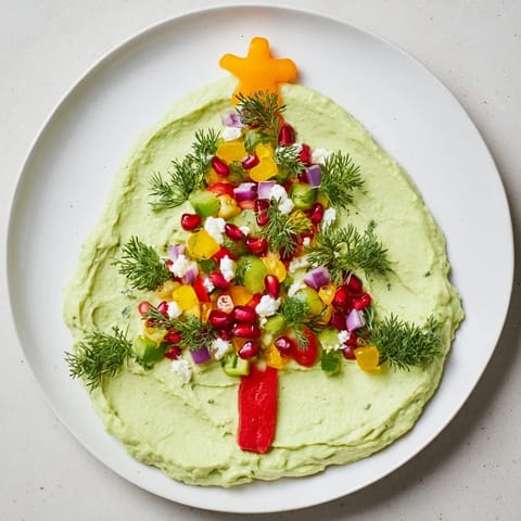 Creamy whipped avocado Christmas tree dip decorated with colorful tomatoes and peppers, perfect holiday appetizer.