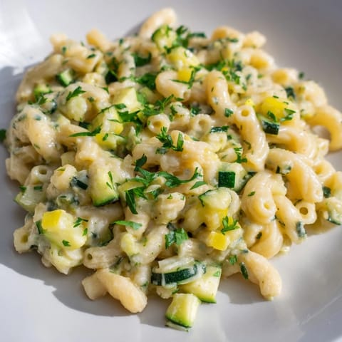 This One-Pot Creamy Zucchini Ditalini recipe features creamy pasta and vibrant green zucchini pieces.