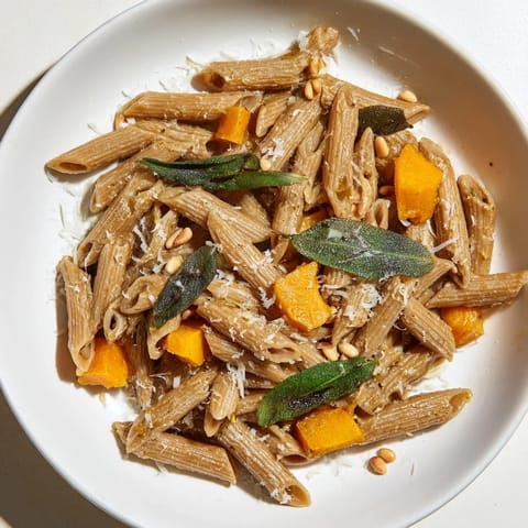 Spoonful of creamy Butternut Squash & Sage Brown Butter Pasta with toasted pine nuts and sage garnish.