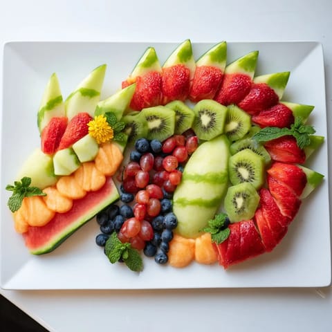 A dragon made of fruit: the watermelon body glistens next to cantaloupe scales, perfect for parties!