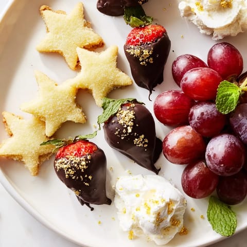A festive Star-Studded Dessert Board overflowing with chocolate-covered strawberries and colorful fruits.