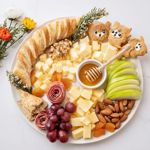 A visually stunning Cozy Forest Animal Board with colorful fruits, cheeses, and charcuterie awaiting the feast.