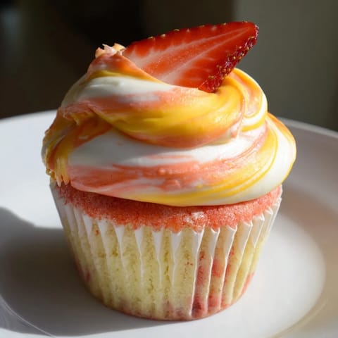Fresh strawberry slices grace these Mango Strawberry Sunset Cupcakes, ready to be enjoyed at your next party.