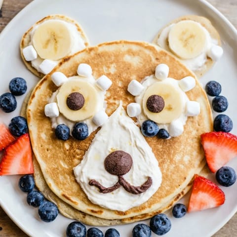 The charming Polar Bear Pancake Stack includes pancakes shaped like adorable bears, ready to eat.