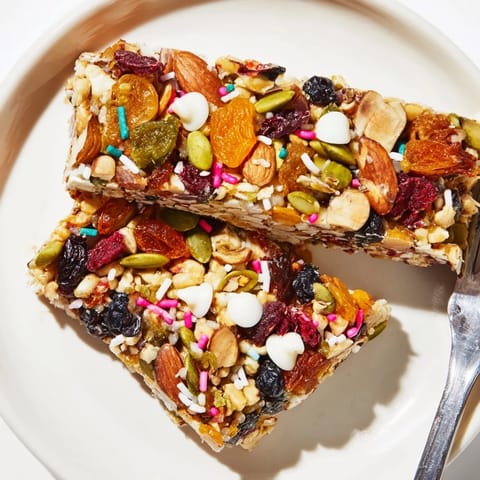 This beautiful image shows a batch of homemade Winter Wonderland Trail Mix Bars, ready to eat and enjoy.