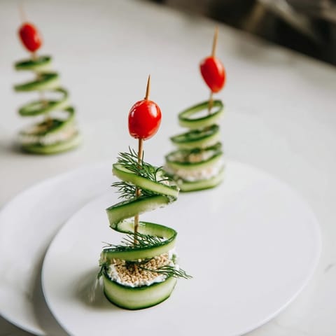 Spiral Cucumber Ribbon Christmas Trees: festive appetizer with creamy cheese, fresh herbs, and bright red cherry tomatoes.