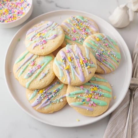 A plate of freshly baked sugar cookies with a beautiful, swirled icing drizzle on each treat.