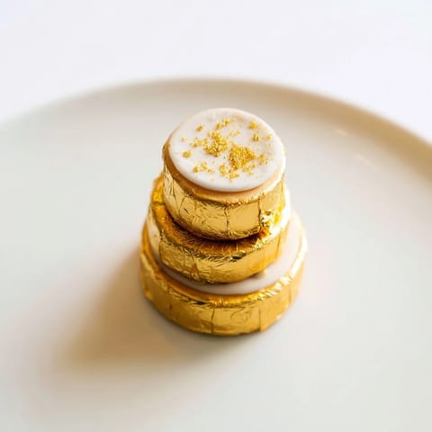 A delicious close-up of gorgeous chocolate gold coin stacks, a sweet edible party decoration.