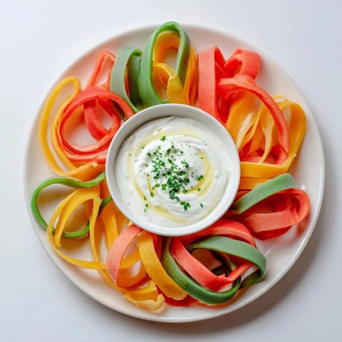 Freshly cut bell pepper strips alongside a bowl of flavorful creamy Greek yogurt dip, ready to enjoy.