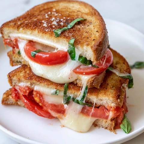 Golden-toasted Air Fryer Pizza Margherita Grilled Cheese, overflowing with fresh tomato and basil flavors.