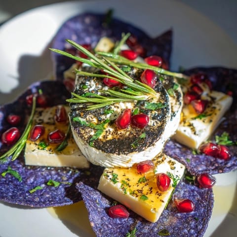 The Stepping Stones appetizer features a delightful cheese path set over shimmering blue chips, garnished and tempting.