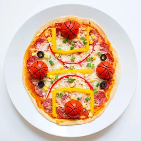 A close-up of a bubbling basketball court pizza, ready for slicing and enjoying with family.