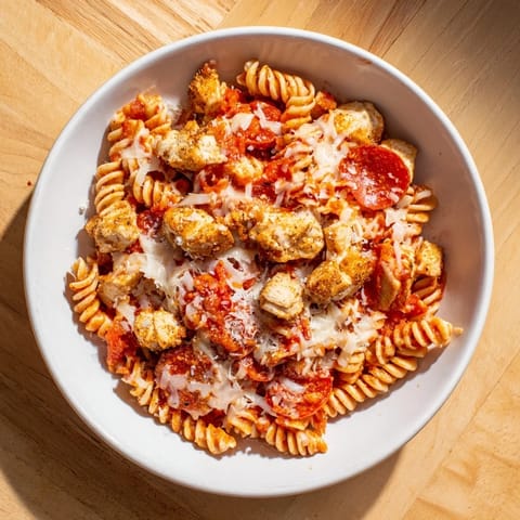 A close-up of a bubbling One-Pan Pizza Pasta, the cheesy top tempting and delicious.