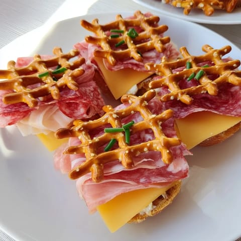 This Lattice Window appetizer offers a tempting view with a crispy pretzel lattice and layered savory ingredients.